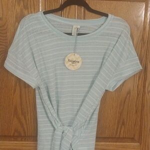 Hayden NWT Women's Tie-Front Short Sleeve Top Size Large Aqua Blue White Striped